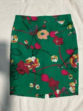 J. Crew Green Floral Pencil Skirt with Pink & Yellow Blooms